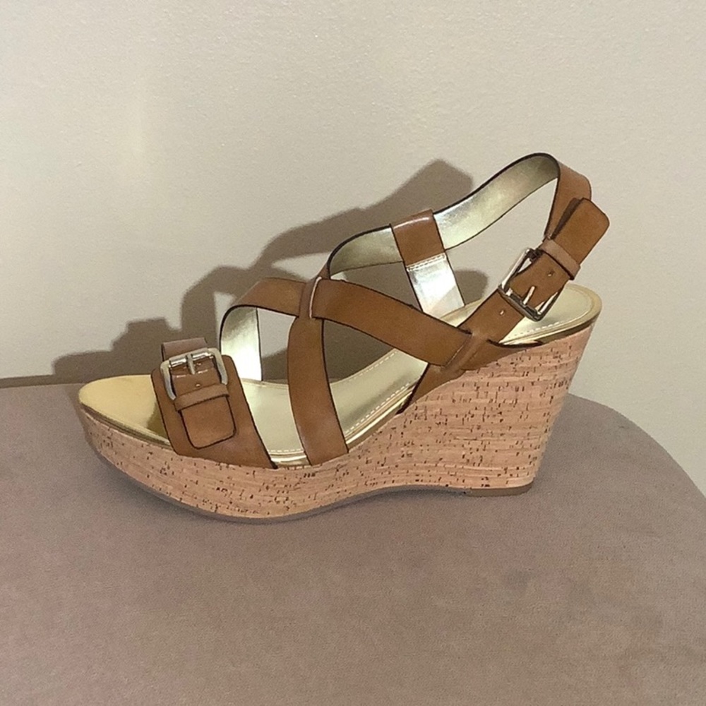 Marc Fisher Brown Buckle Cork Wedges